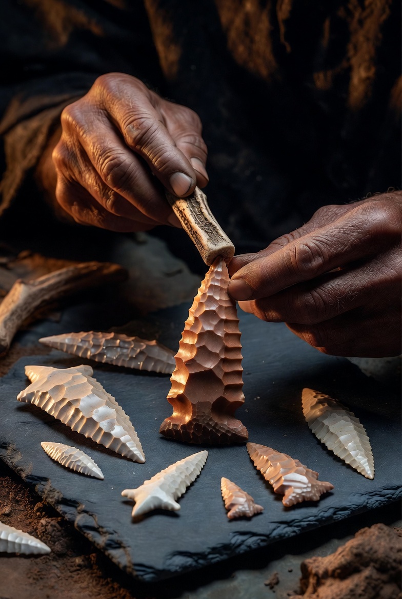 Ancient hands pressure flaking a flint projectile point