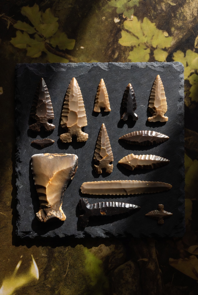 Collection of Great Lakes stone tools and arrowheads